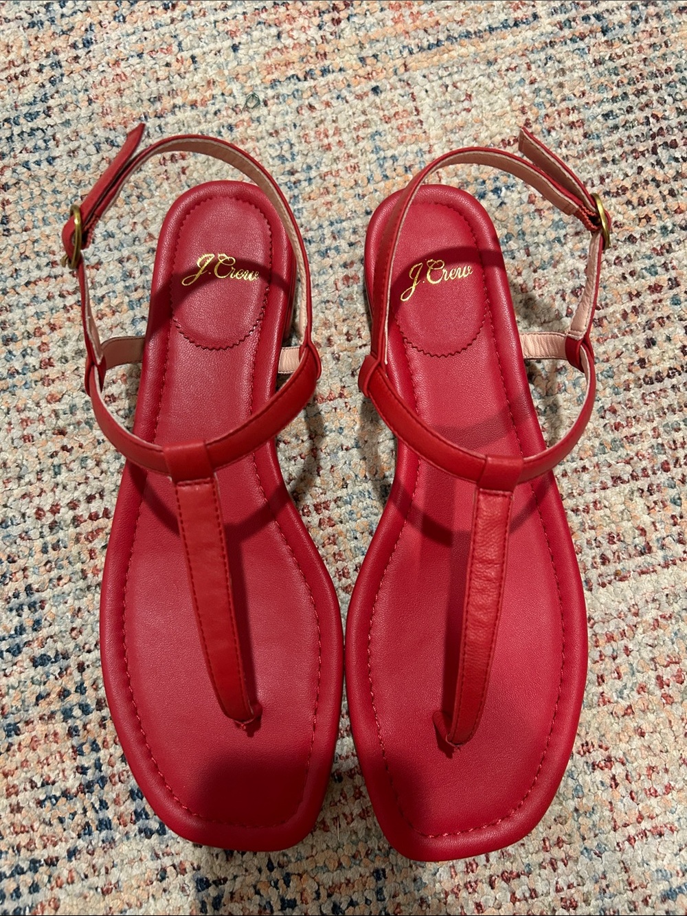 J. Crew Red Leather T-Strap Sandals with Ankle Buckle - never worn! - Picture 2 of 3